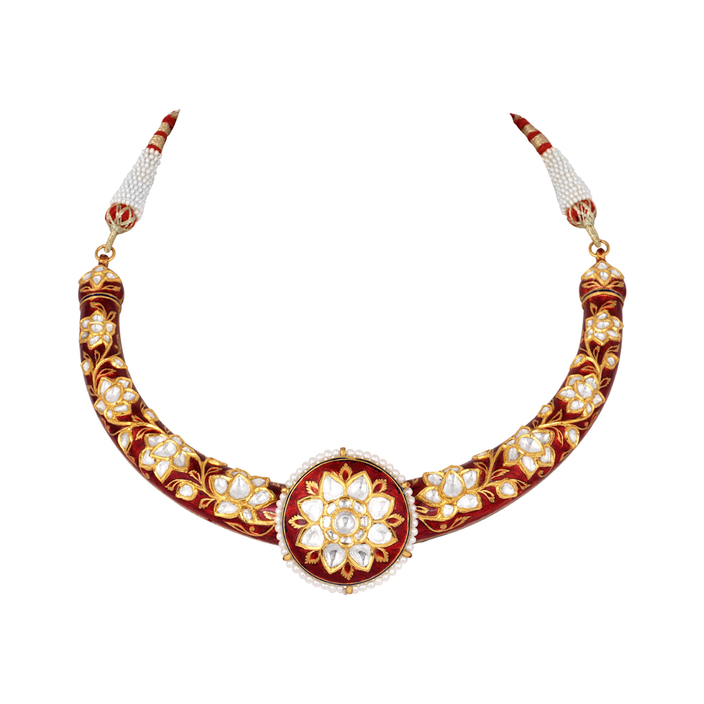 Hasli Necklace with Red Meena, Polki, and Central Floral Medallion